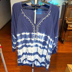 Bandolino Blue and White Tie Dye Watercolor Beaded Plus Top Shirt Blouse